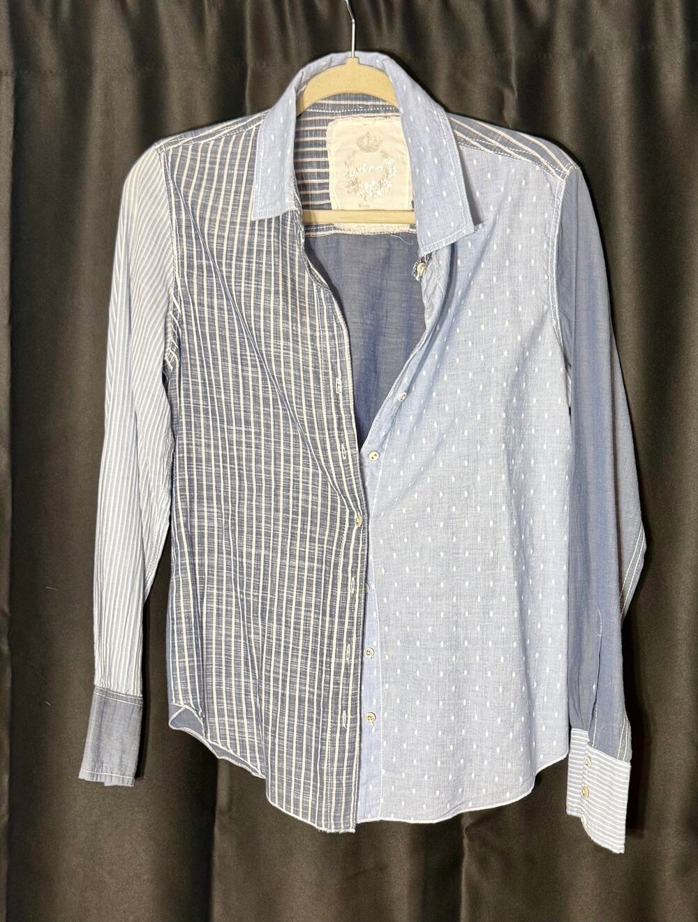 Cino Women's XS Blue White Patchwork Striped Button Down Shirt Boho